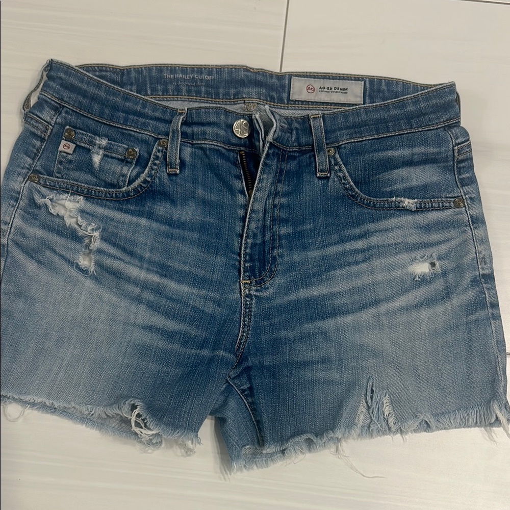Ag Adriano Goldschmied Blue Jean Shorts Distressed Raw Hem